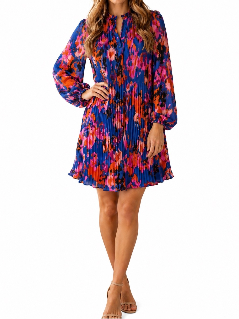 NWT Abstract Floral Pleated Long Sleeve Mini Dress by Mila Mae Size XL